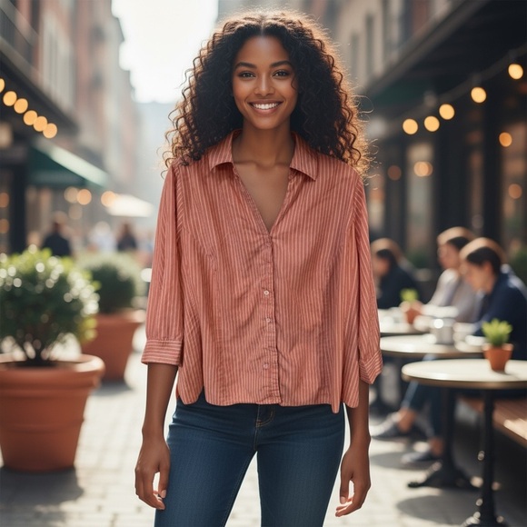 Basic Editions Coral Button Down Shirt - Picture 3 of 5